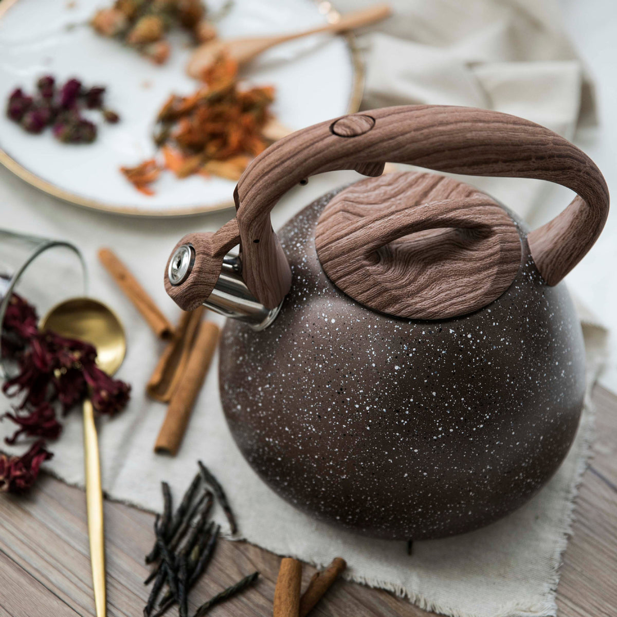 Elegant Stainless Steel Whistling Kettle with Wood Handle